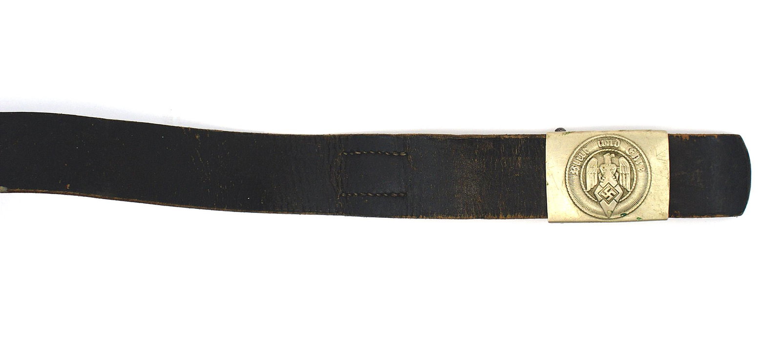 German WWII Hitler Youth belt and buckle: F-013 German Third-Reich Hitler Youth belt and buckle. Nickeled buckle with a relief eagle/swastika on a diamond and "Blut und Ehre". Reverse marked with "A" logo, "AS", "GES.GESCH" and "RZM". Black l