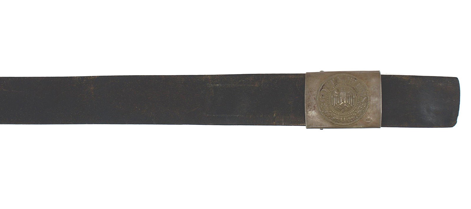 German WWII Army EM belt and buckle: F-015 German WWII Army EM belt and buckle. Relief eagle/swastika, oak leaves and 'GOTT MIT UNS" on the buckle which retains some of the early green finish. The solid black leather belt has a Navy stam