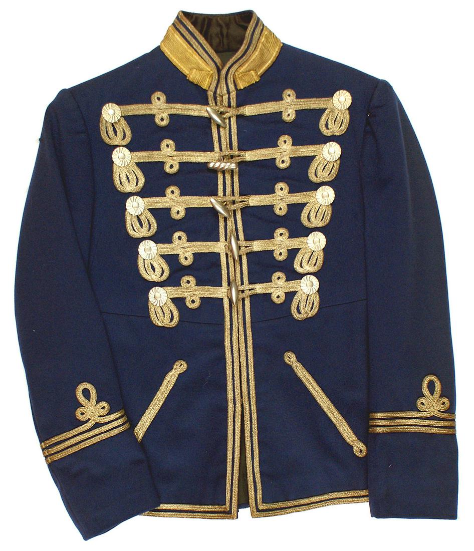 Imperial Austrian Child Cadet Hussar uniform: F-035 Imperial Austrian Child's/Cadet's Hussar Uniform. Quality blue "seal skin" fabric. With silver bullion "frogging", piping and "pretzels" on cuffs. Stand - up bullion piped collar with a 1 1/8" g