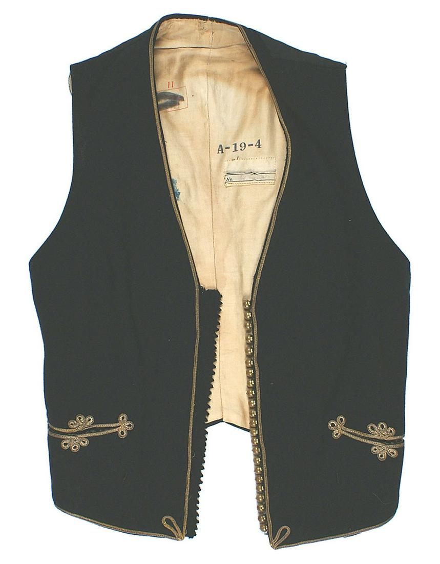 French WWI officer Zouave vest: F-040 French WWI officer's Zouave vest. Black wool with gold wire cord piping, "pretzels" around pockets and 23 brass "acorn" buttons. II