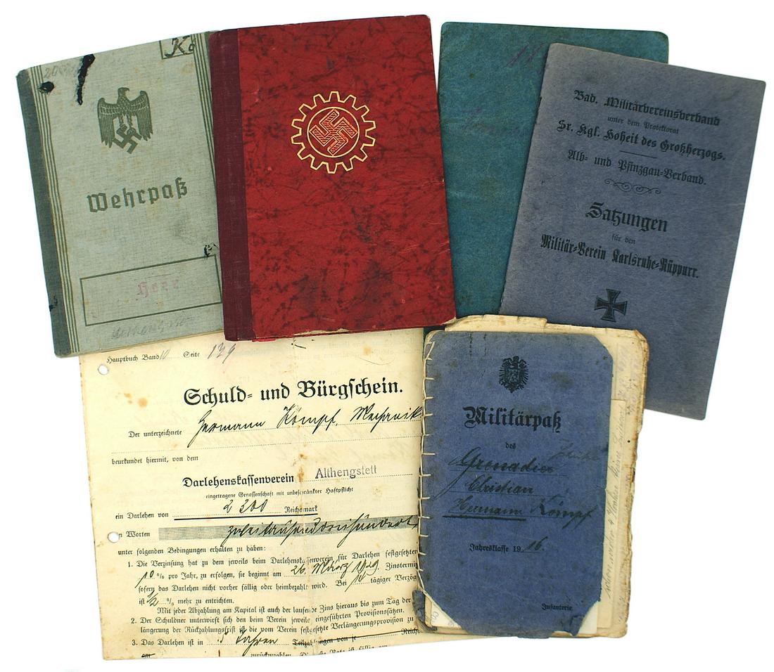 Archive of German WWI WWII ID books: C-003 Archive of I.D. books. Letters and ephemera related to a German soldier who served in both WWI and WWII. Includes: (1) Militarpass showing 1916 combat when a member of the 476th Infantry Regimen