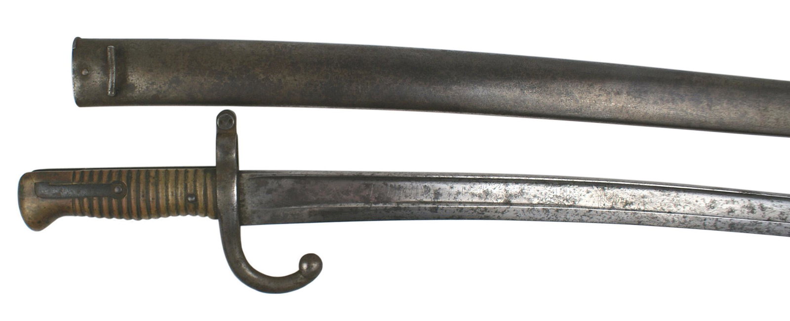 French Model 1866 saber bayonet: D-030 French Model 1866 saber bayonet - unusual with an engraved 22 1/4" blade. Certainly a commemorative of the 1870 - 71 Franco - Prussian War. Etched with name of owner "J.PLUM" and floral work. Th