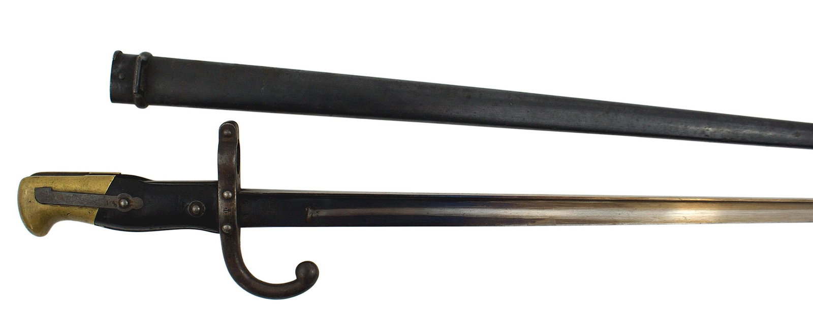 French Navy issued M1874 Epee bayonet: D-032 French Navy issued M1874 "Epee" bayonet. Hump wood grips with a brass pommel. Steel muzzle ring and turned down quillon. Well marked with proofs, an anchor and serial number. 50% bluing on the "