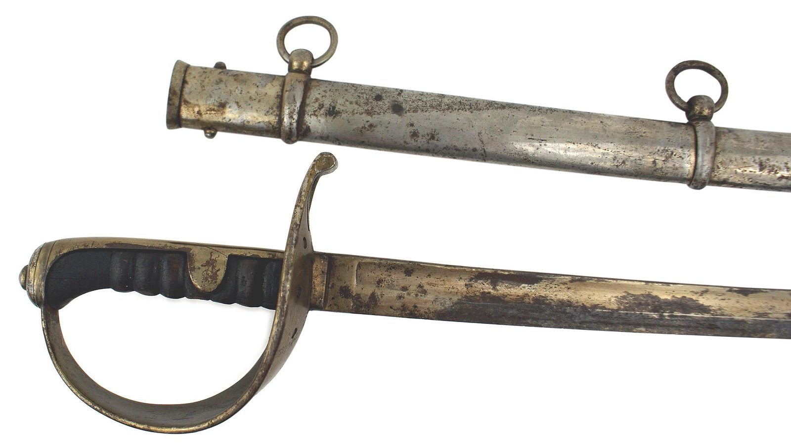 Austrian variant M1850 Cavalry sword: D-063 Austrian variant M1850 Cavalry sword. Old yellowed lacquer on the nickeled iron pommel/backstrap and massive cup type guard. Brown ribbed wood grip is missing the wire wrapping. 1 1/4" wide, 36"