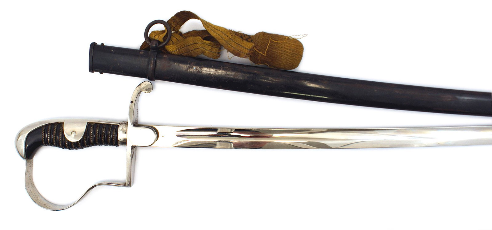 German WWII Army NCO dress sword: D-076 Third-Reich German Army NCO dress sword 34 1/4" excellent clean "Carl Eickhorn" curved blade. Nickel plated back-strap, reverse "P" knuckle-bow, crossguard and langets. Wire wrapped black bakeli