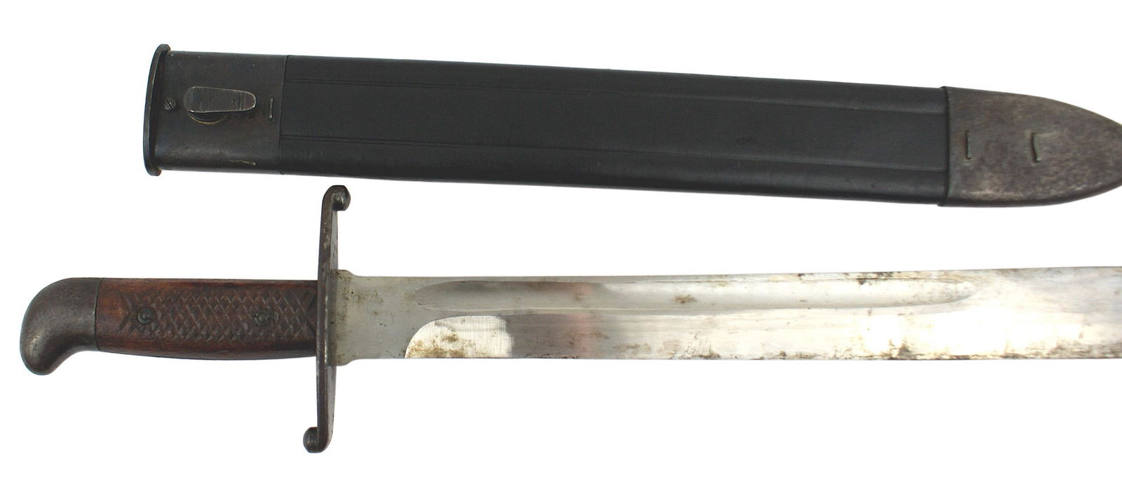 Italian Artillery short sword used in WWI and WWII: D-078 Italian Artillery short sword. Blued steel curved pommel cap and straight crossguard with ball ends. Checkered wood grips. 15 3/4" clean, 1 1/4" wide about excellent blade. Solid black leather s