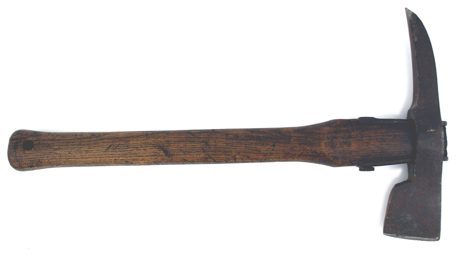 Unknown Pioneer Navy type axe: D-087 Unknown Pioneer/Navy type axe. 2 1/4" x 9 1/4" tomahawk type head. Sharpened steel blade. Axe head and two 3 5/8" retaining straps are rusted. Oak haft has artificial worm holes. Overall, 17". A