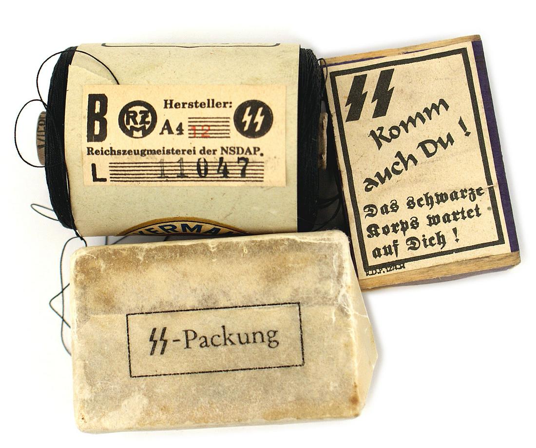 German WWII lot of 3 SS issued soap thread: H-072 Third-Reich lot of 3 SS issued items: (1) "Hellada" soap with "SS - Packung" on wrapper. (2) Period spool of "ACKERMAN'S" black thread. With an "SS - RZM" label. (3) Box of matches with "SS - Ko