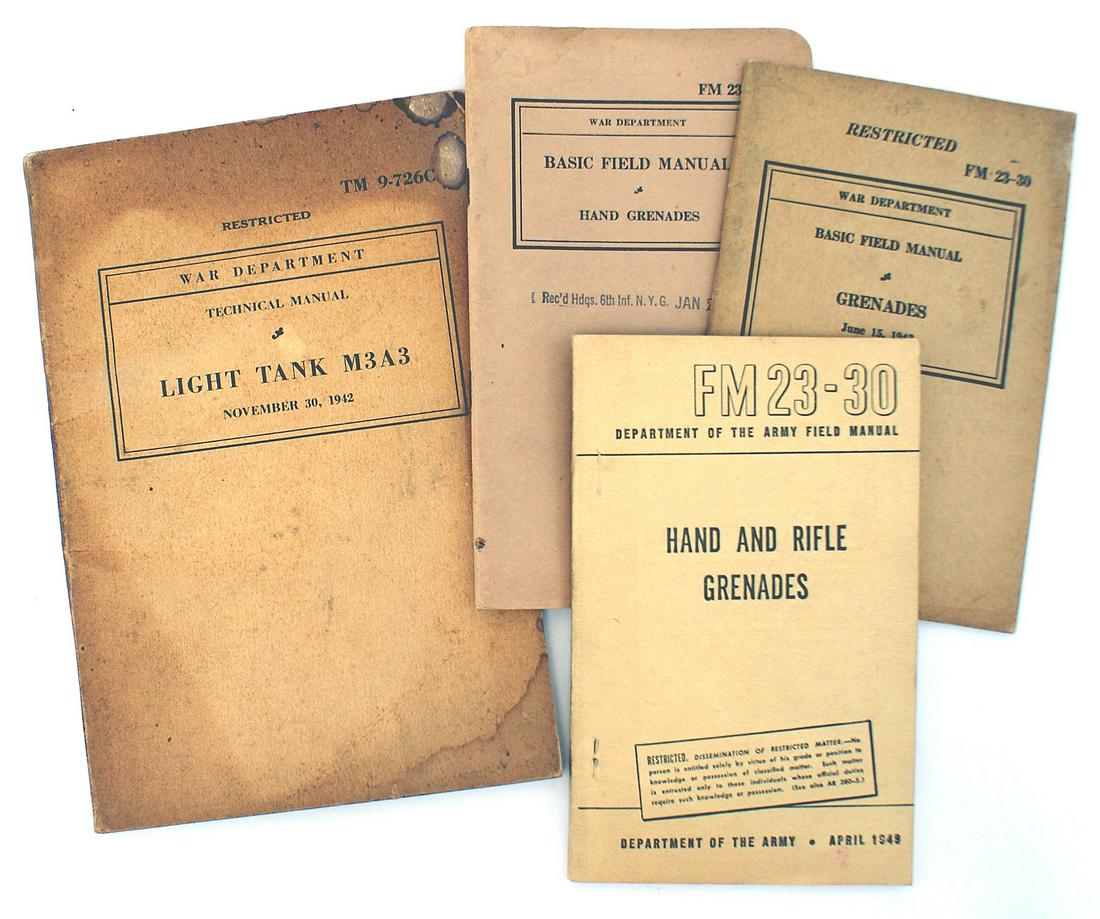 Lot of 3 US WWII technical manuals GRENADES: I-066 Lot of 3 US WWII technical manuals: (1) "HAND GRENADES". Received "JAN 20, 1941". 33 pages. (2) "GRENADES". Dated "JUNE 15, 1942". Fully illustrated. 60 pages. (3) "LIGHT TANK M3A3". Dated "NOVE