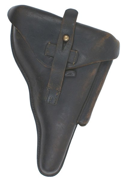 German WWII Luger holster: M-15 German Luger holster. Black leather with a retaining strap and brass stud. "H.P. 400" stamped on upper front, under flap. Reverse has two belt loops. Stamped with crossed rifles, a laurel branch 