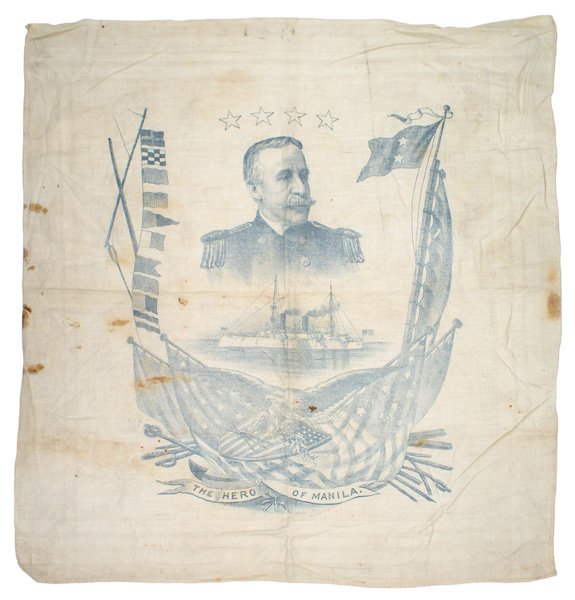 Spanish-American War souvenir handkerchief: K-96 Spanish-American War large souvenir handkerchief. Blue printed bust of Admiral Sampson, ship, flags and "THE HERO OF MANILA BAY". 17 1/2" x 17". Some foxing. About II