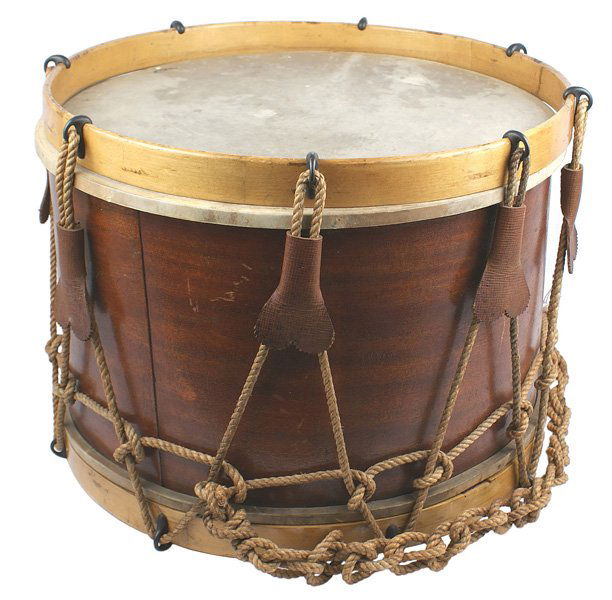 Re-enactor Civil War snare drum: K-120 Re-enactor's Civil War snare drum. Original finish on body and rim. The bottom skin is split away from the hoop for about 12", the top is intact. Iron hooks along the hoops hold the rope and lea