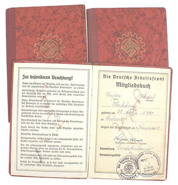 Lot 3 DAF German WWII Labor dues books: C-9 Lot of 3 DAF (German Labor Front) member's dues books. One is to a "Burgbau" (miner) in the Sudentenland and two are from Hanover (one is employed by the military). All have dues stamps for comple