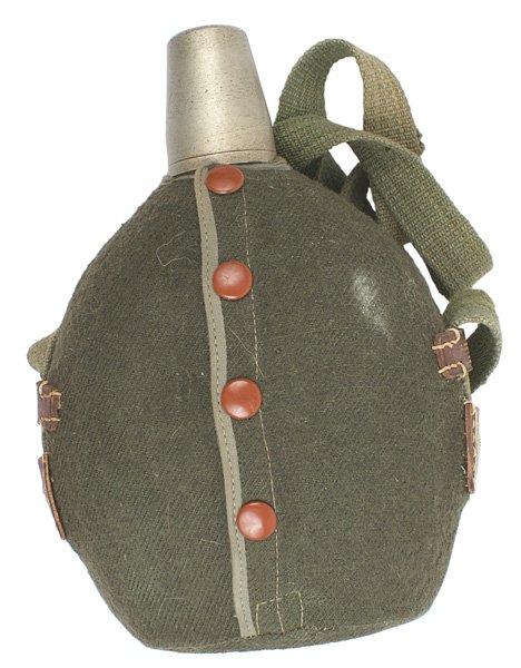 Japanese WWII Army officer canteen: N-20 Japanese Army officer's canteen. OD wool cover with four snap buttons. Adjustable web shoulder strap with leather side tabs (maker's paper label). Screw-on metal cup. A nice example. II+
