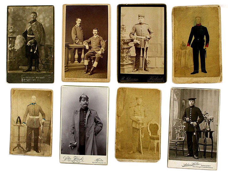Lot of 8 German WWI CDV of soldiers: L-8 Lot of 8 CDV’s of soldiers. All but two have name of studio and city. Includes: (1) Three with swords. (2) Helmeted Prussian NCO. (3) Two “household” attendants – Braunschweig. (4) Figure 