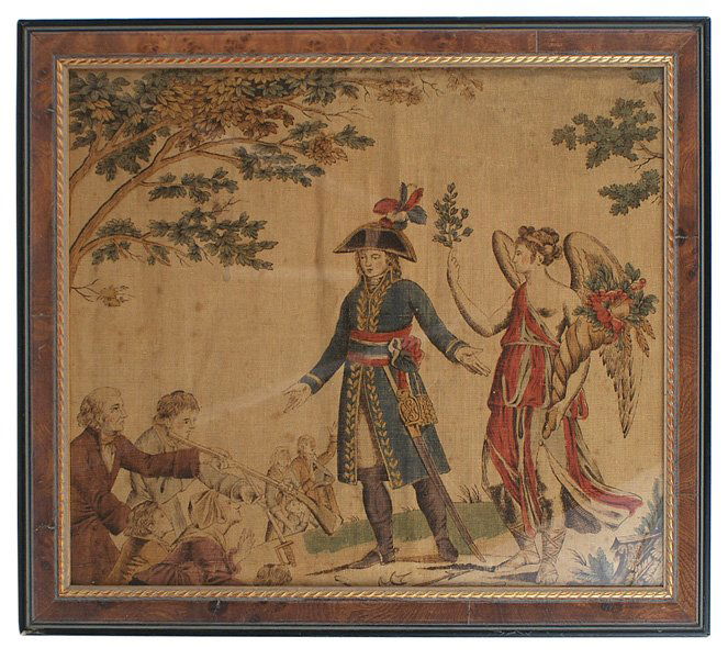 Period colorful scene of Napoleon on cloth: G-5 Period colorful printed scene of Napoleon on cloth. Symbolic presentation of citizens paying homage and placing weapons at his feet. Dressed in a Marshall's uniform, Napoleon has outstretched arms