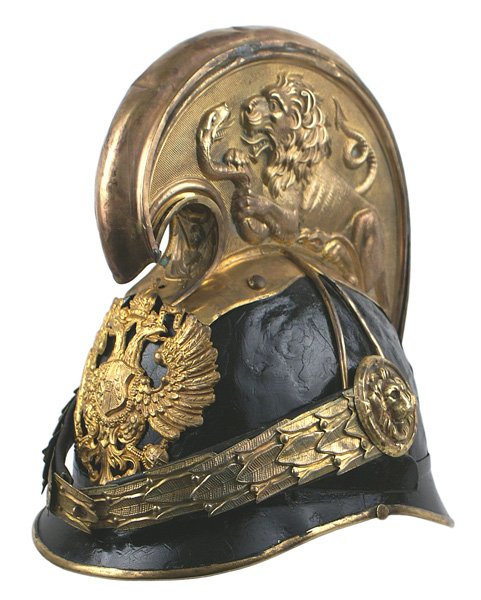 Austrian M1905 Dragoon officer helmet: E-2 M1905 Dragoon officer's helmet. Black refinished metal body (low wrinkles) and visors. Brass trim along entire base perimeter. Gilt-brass double-headed Hapsburg eagle ("FJ1" shield on chest) front