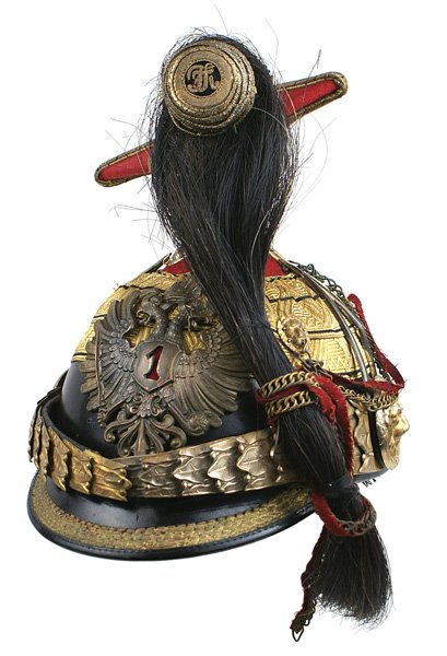 Austrian 1st Uhlan Senior officer czapka helmet: E-5 1st Uhlan Regiment Colonel-Senior officer's "czapka". Patent leather body - with simulated gold embroidery on the brim. Original 2 3/4" wide designed "flat" gold bullion trim around base of deep r