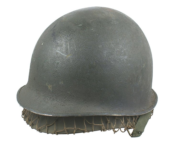 U.S. WWII helmet Fixed bale: E-64 WWII helmet. Fixed bale with seam line on front brim. OD sand finish with "B-108" painted on front in a slightly darker shade than the helmet. "PHILIP" in white paint on the inside. OD "sand" fin