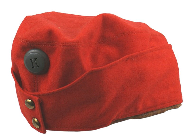 Austrian M1915 Sergeant field cap: E-91 Austrian M1915 Sergeant's cherry red, soft wool, field cap. Similar to above - but without a fold-down brim. Two domed gilt buttons. Cutout "K" (King Karl) rosette added in 1916. Surface wear on