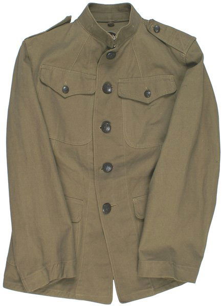 U.S. WWI Indian Service summer tunic: F-52 Indian Service, four-pocket O.D. summer tunic. "Doughboy" type with a standup collar. Eagle buttons with "US INDIAN SERVICE". Same material epaulettes. WWI Era. II+