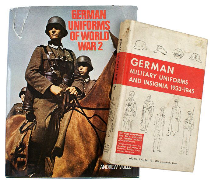 Lot 2 GERMAN UNIFORMS INSIGNIA books: I-53 Lot of 2: (1) "GERMAN MILITARY UNIFORMS AND INSIGNIA 1933 - 1945". 1967 WE publication. Hardcover. Has some soiling. 227 pp. (2) "GERMAN UNIFORMS OF WORLD WAR 2" by Andrew Mollo. Hardcover with d