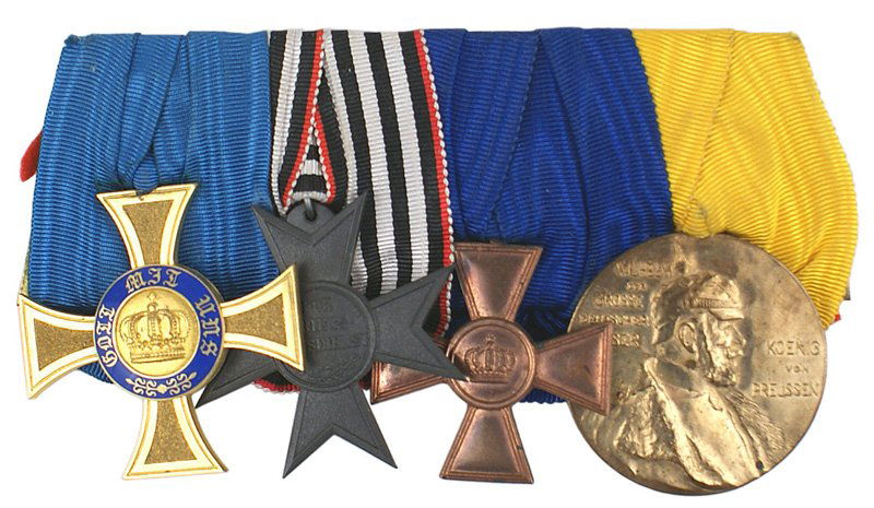 German WWI Prussian four Medal bar Crown Order: B-14 Prussian Medal bar: Crown Order 4th Class, WWI War Aid Cross, 15-yr. Service Cross and the Wilhelm Centennial Medal. II+