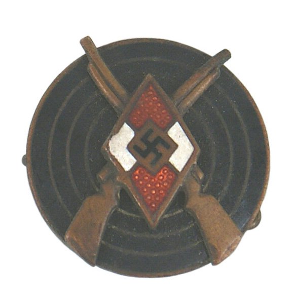 German WWII Hitler Youth Marksman Badge: B-41 Hitler Youth Marksman's Badge. Enameled "diamond"/swastika on crossed rifles on a black enameled target. Reverse marked "M1/25" and "RZM". With a patina. II