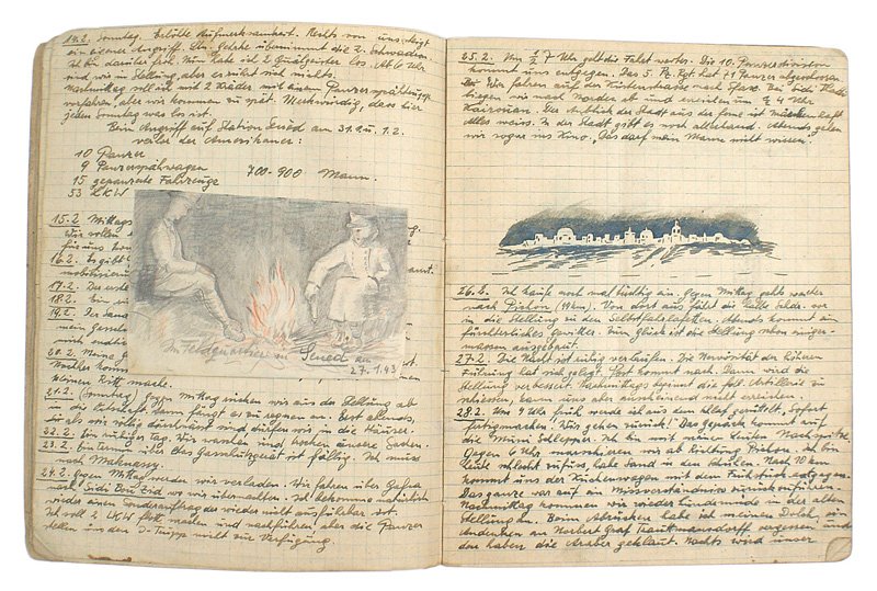 German WWII Afrika Korps soldier diary: S-27 German WWII Afrika Korps soldier's diary. Using an artillery graph type notebook, the writer presents a very detailed account of his trip from Roseheim through the Brenner Pass down through Italy