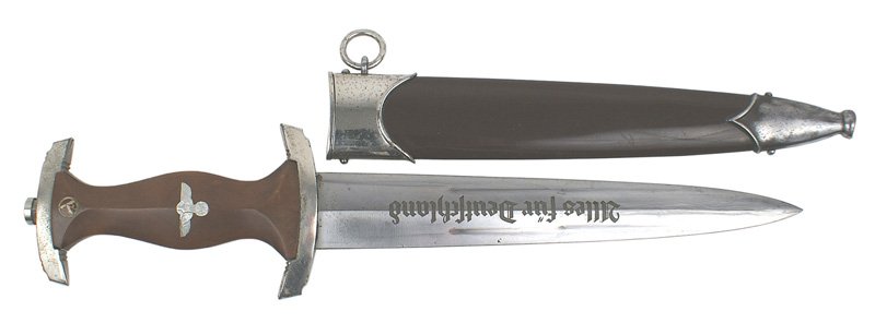 German WWII SA dagger: D-1 SA dagger. Rosewood grip with a nickeled eagle/swastika and SA insignia. Minute "dots" on both crossguards. Blade, with motto, "Alles fur Deutschland" has most of the original "polish". Marked "RZ