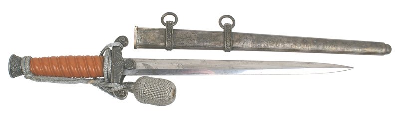 German WWII Army officer dagger: D-10 Army officer dagger - with a burnt orange grip. Purple like patina on the pommel, ferrule, crossguard and scabbard. Minute "water stains" on the Eickhorn clean blade. Original portopee (strap is 