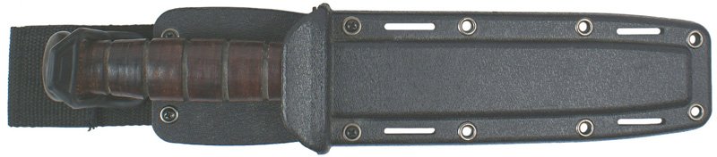 Post WWII U.S. KaBar knife USMC: D-31 Post WWII U.S. Leather rings grip. Parkerized flat pommel, short crossguard and 6 7/8" blade. Marked "USMC" and "KA-BAR OLEAN, N.Y.". Black plastic type scabbard/belt loop and an additional web b