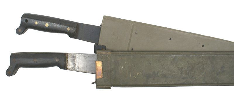 Lot of 2 U.S. machetes USN MK-2: D-33 Lot of 2 U.S. machetes: (1) Bakelite grip with an extended pommel. 18 5/8" blued blade marked "USN MK-2", logo and "LEGITIMUS - COLLINS & Co. - 1944". Green paint like finish on the leather scabb
