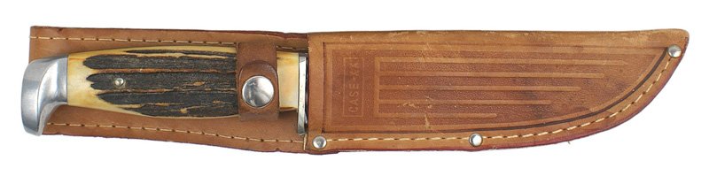 U.S. Case XX hunting knife: D-35 "Case XX" hunting knife. Stylized eagle head shaped pommel with stag grips. 5 7/8" clean original "polished" upturned Bowie type blade - marked "CASE XX" and "523-6". Also marked, appears printed
