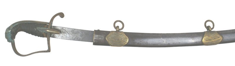 German Saxon Napoleonic Hussar saber sword: D-46 Saxon Napoleonic Era Hussar saber. One-piece brass lion head pommel/backstrap (some verdigris) reverse "D" knuckle-bow/crossguard and extended oval langets. Some section of leather missing from t