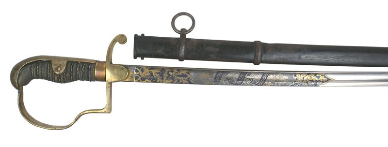 German Fusilier officer presentation sword: D-51 Fusilier officer's presentation sword. Darkened brass pommel/backstrap, reverse "P" knuckle-bow and crossguard with rounded shield shaped langets. Twisted silver wire wrapped sharkskin grip shows