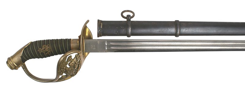 German Prussian M1889 Infantry officer sword: D-52 Prussian M1889 Infantry officer's sword. Brass slanted pommel and three-branch guard with a large relief Prussian eagle. Crowned "WRII" cypher on the braided wire sharkskin grip. 32" straight bla