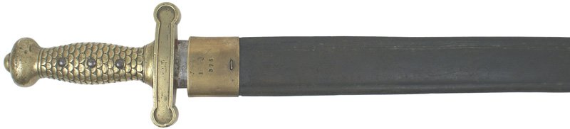 French short artillery sword Roman Pattern: D-81 French short artillery sword. Roman Pattern, with a one-piece brass pommel (marked "SP" and "P.D.L.")/fishscale grip and crossguard. 1 5/8" wide blade with two short and one long fuller. Has Fren