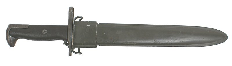U.S. WWII Garand bayonet: D-114 U.S. WWII Garand. Black bakelite grips. 9 5/8" parkerized blade marked with "AFH" and a flaming grenade with "US". Tip of blade shows a crude field sharpening. OD metal throat on Danish made fib