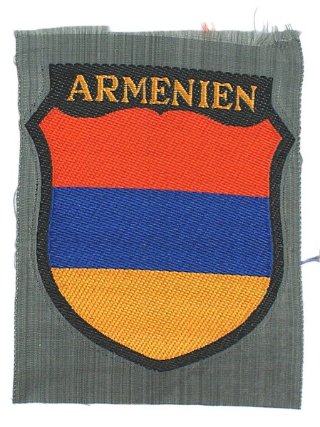 German WWII ARMENIEN sleeve shield: H-40 "ARMENIEN" volunteer sleeve shield. Red/blue/gold panels with gold lettering. Bevo embroidered. I