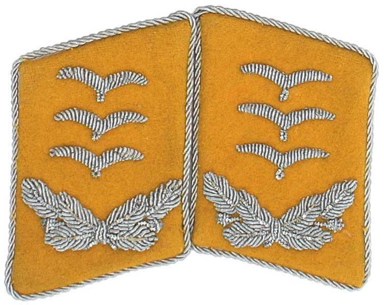 German WWII Luftwaffe Flight collar tabs: H-56 Luftwaffe Flight Troops - Captain. Three embroidered silver bullion "gulls" and a one-half wreath on a yellow-gold field with silver cord piping. For the summer white tunic with eyelet hooks on r