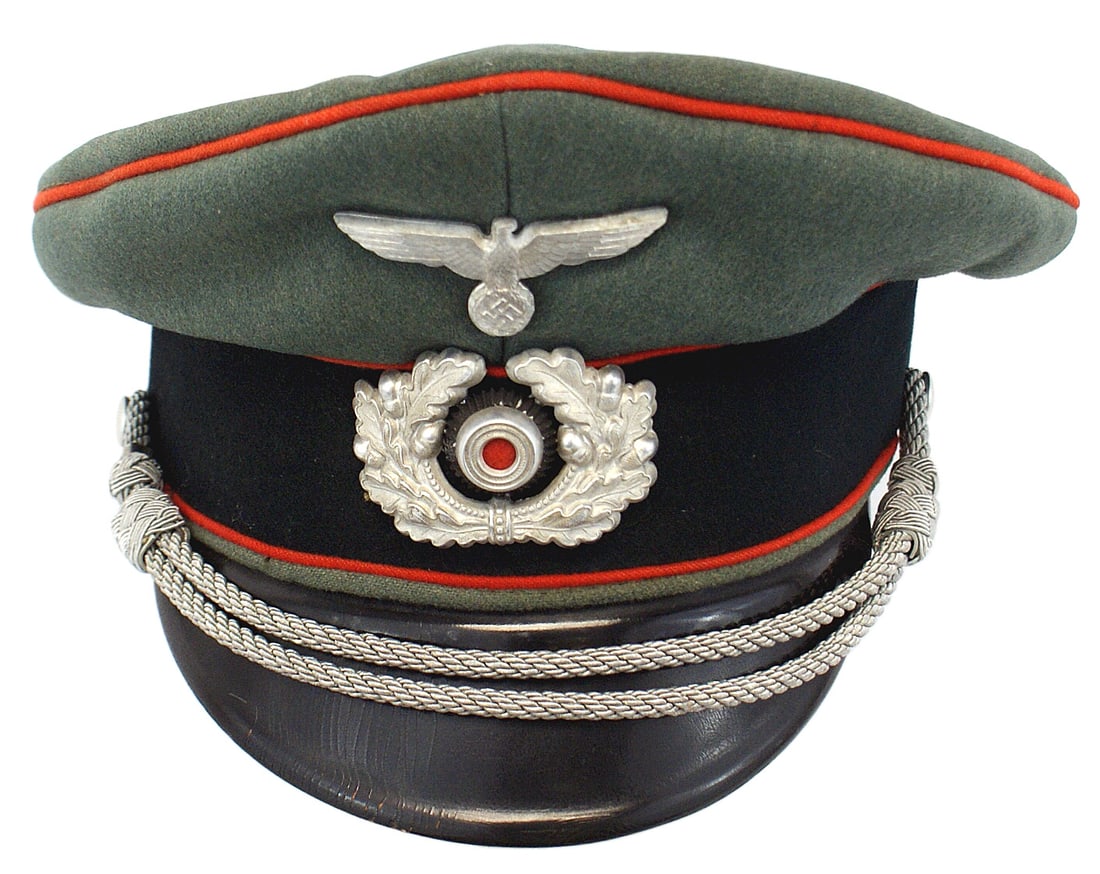 German WWII Army Ordnance peaked cap: E-114 German WWII Army Ordnance officer peaked cap. High peak doeskin with a dark green band and orange-red piping. Silver eagle/swastika and wreath/rosette. Silver chin cord. Black vulcan visor. Leat