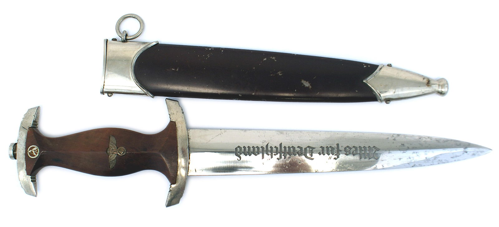 German WWII SA dagger: D-006 Third-Reich SA dagger. Rosewood grip with silvered eagle/swastika and SA insignia. Patina on the nickeled top and lower crossguards. Fairly clean blade with "Alles fur Deutschland" motto. Subdue