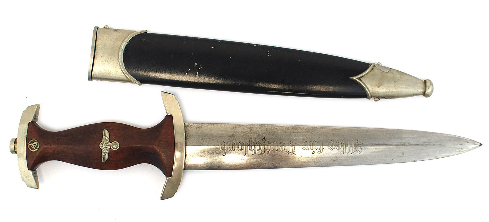 German WWII NSKK Motor Corps dagger: D-018 Third-Reich NSKK (National Socialist Motor Corps). Same type as the SA dagger. Rosewood grip with a silvered eagle/swastika and "SA" insignia. Light patina on both crossguards. Lower is marked "