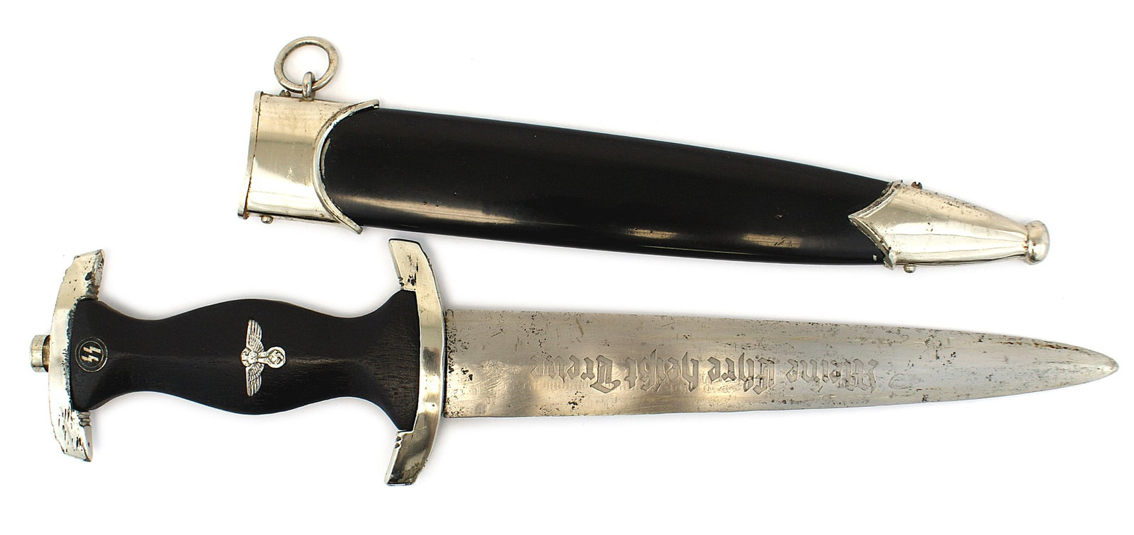 German WWII SS EM dagger: D-022 Third-Reich SS EM dagger. Same pattern as the SA. Silvered eagle/swastika (scratched to deface) and SS roundel inserted into the black wood grip. Nickeled crossguards. Blade has motto, "Meine Eh