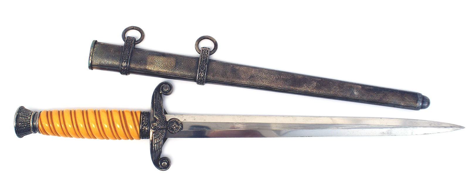 German WWII Army officer dagger: D-026 German WWII Army officer dagger. Silver patina on detailed oak leaf pommel and high relief eagle/swastika crossguard. Orange grip. Excellent 10 1/8" blade with the name of the maker "Eickhorn So