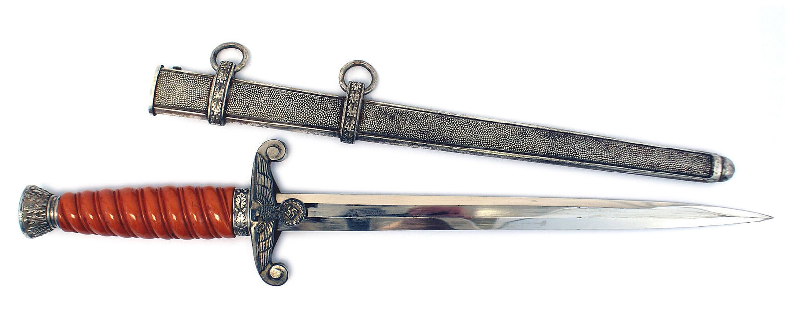 German WWII Army officer dagger: D-033 German WWII Army officer dagger. Light silver patina on detailed oak leaf pommel and high relief eagle/swastika crossguard. Orange grip. About excellent 10" blade (with one small stain) with the