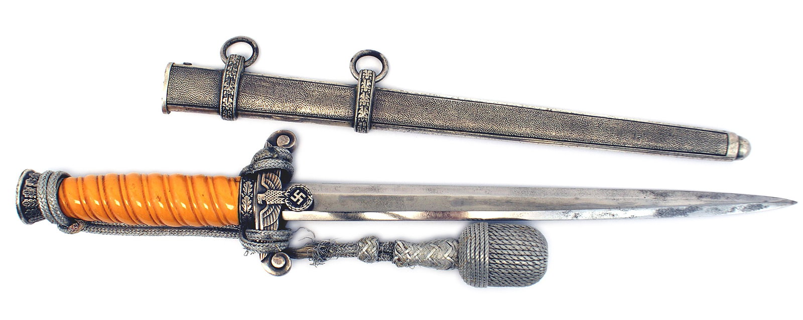 German WWII Army officer dagger: D-036 German WWII Army officer dagger. Silver patina on detailed oak leaf pommel and high relief eagle/swastika crossguard. Orange grip. About excellent 10 1/8" blade, except for some subdued spotting
