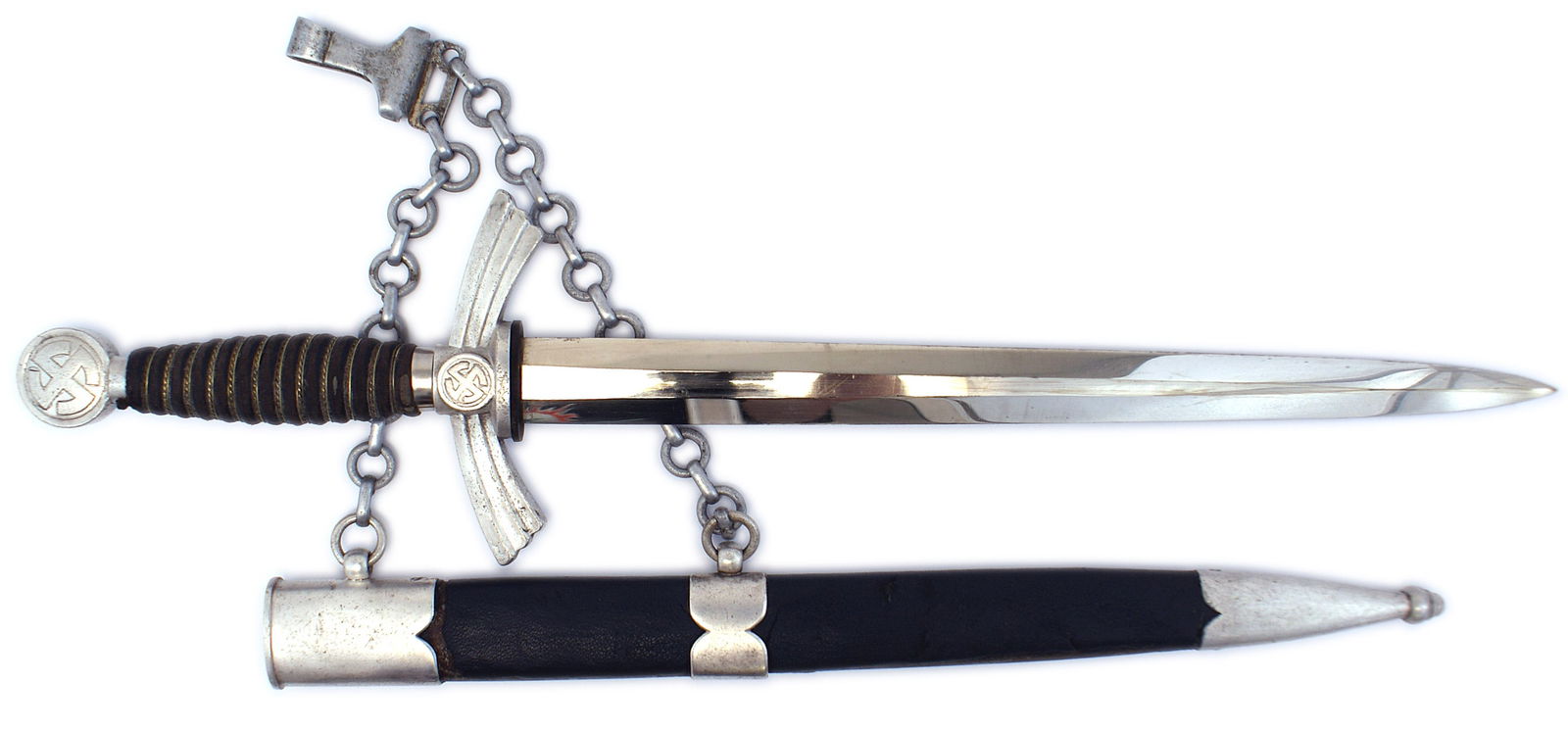 German WWII Luftwaffe 1st Model dagger: D-058 German WWII Luftwaffe 1st Model dagger. No brass finish on the "Sun wheel" swastika on pommel and center of the winged crossguard. Wire wrapped leather grip. Clean excellent 11 7/8" blade with a