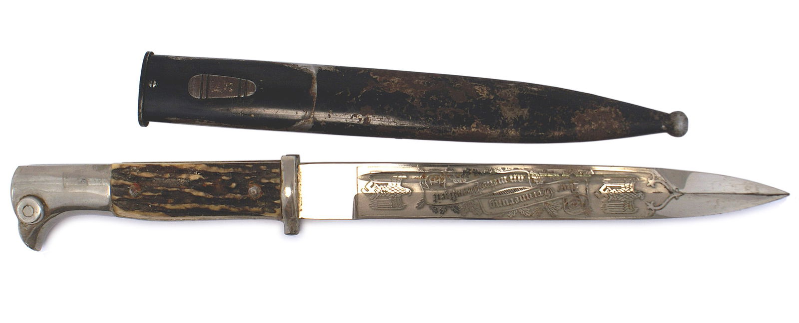 German WWII military service dress bayonet: D-137 German Third-Reich "souvenir of military service" dress bayonet. Nickeled bird-head pommel and crossguard with original staghorn grips. About excellent deeply etched 7 3/4" blade with "In Commem